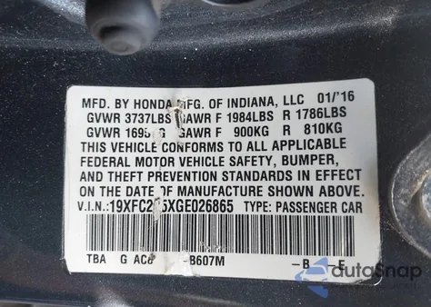 2016 Honda Civic Lx из США, поврежденный, VIN 19XFC2F5XGE026865